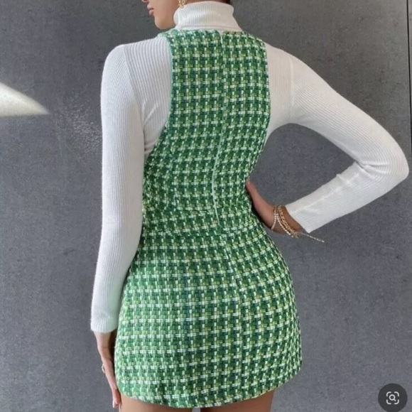 ZARA WOMAN NEW HOUNDSTOOTH TEXTURED PINAFORE DRESS GREEN SIZE XS EXTRA SMALL NWT - Picture 3 of 9